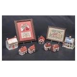 Cute Lot of Framed Needlepoint & Ceramic Houses