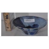 Stoneware Low Bowl, Blue Glazed Striped Sides.