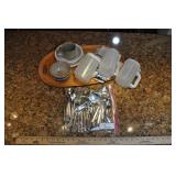 Assorted Kitchen Bundle, Silverware, Cups, Tray.