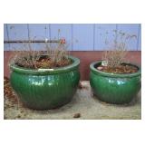 2 Green Glazed  Vases, Large And Medium Size.