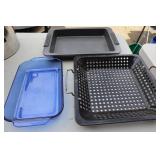 3 Baking Dishes, Pyrex, Anolon, Basket