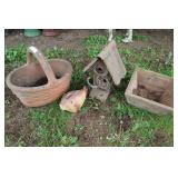 Terracotta Basket Planter And Fish Birdhouse, And