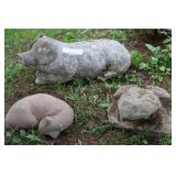 3 Cement Garden Figures- Pig, Cat, Frog