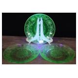 3 Uranium Glass Saucer Plates, One Cracked