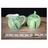 Majolica Pea Pod Cream And Sugar, Ceramic