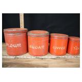 Vintage Metal Canister Set, Painted Red, Flour, Su