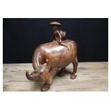 Carved Wooden Bull With Rider, Wearing Hat And Bac