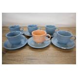 Fiesta Six Cups And Saucers, Blue, One Rose