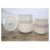 2 Mccoy Pink And Blue Striped Pottery Canisters,