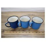 Three Blue White Enamelware Cups,