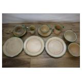 Enamelware Set Of Plates And Cups, Cream Green Bor
