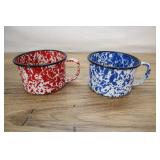 Two Enamelware Cups, Blue And Red Mottled.