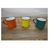 Three Enamelware Cups, Orange, Yellow, Green