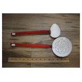 White Red Enamelware Spoon And Strainer