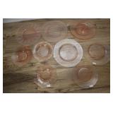 9 Assorted Pink Depression Glass Plates.