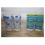 4 Vintage Retro Drinking Glass, Green And Blue