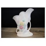 Vtg White Trumpet Vase With Yellow & Pink Roses