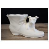 Dog & Boot Ceramic Planter, Matte White Vtg