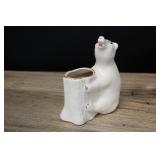Vintage Bear And Stump Planter, White