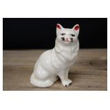 Ceramic Cat Figurine, White With Painted Eyes & Wh