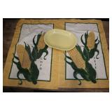 Yellow Serving Platter And Pair Of Corn Tea Towels