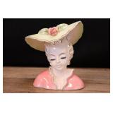 Vintage Head Vase Lady In Pink With Eyelashes, Hat
