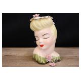1950s Glamour Girl Green Head Vase With Lace Hat A