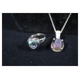 Sterling Silver Green And Purple Druzy Heart Ring