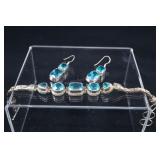 Sterling Silver & Blue Zircon Earrings And Bracele