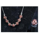 Sterling Silver & Garnet Ring And Flower Necklace,