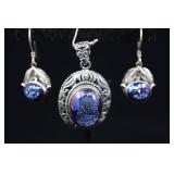 Sterling Silver & Purple Druzy Pendant And Earring