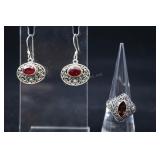 Sterling Silver & Garnet Ring And Earrings, 925 Ap