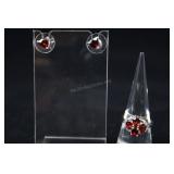 Sterling Silver & Garnet Ring And Earrings, 925 Ap