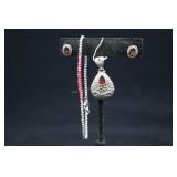 Sterling Silver & Garnet Pendant And Earrings, And
