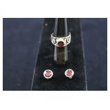 Sterling Silver & Garnet Ring And Earrings, 925 Ap