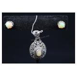 Sterling Silver & Opal Pendant And Earrings, 925