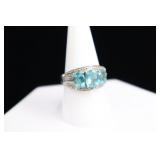 Sterling Silver & Aquamarine Ring Set With Three S