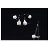Sterling Silver & Pearl Ring And Earrings, With Cu