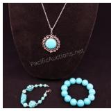 Turquoise Beaded Bracelets And Pendant With Stainl