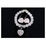 Rose Quartz Beaded Bracelet And Heart Earrings
