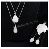 Rose Quartz; Earrings, Leaf Pendant, Two Drop Pend