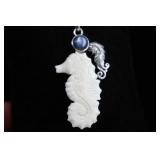 Sterling Silver Carved Bone Seahorse Pendant,