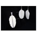 Sterling Silver Carved Bone Feather Pendant And