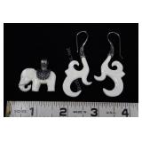 Sterling Silver Carved Bone Earrings, And Elephan