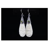 Sterling Silver Carved Bone Flower Earrings, 925