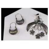 Sterling Silver Earrings And Large Floral Pendant