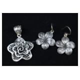 Sterling Silver Foral Pendant And Earrings, 925