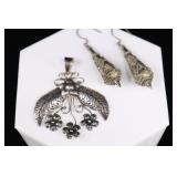 Sterling Silver Earrings And Large Floral Pendant