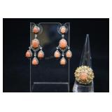 Sterling Silver Orange Stone Earrings And Ring Wit