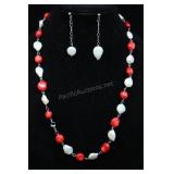 Cultured Pearl And Red Coral Beaded Necklace And E